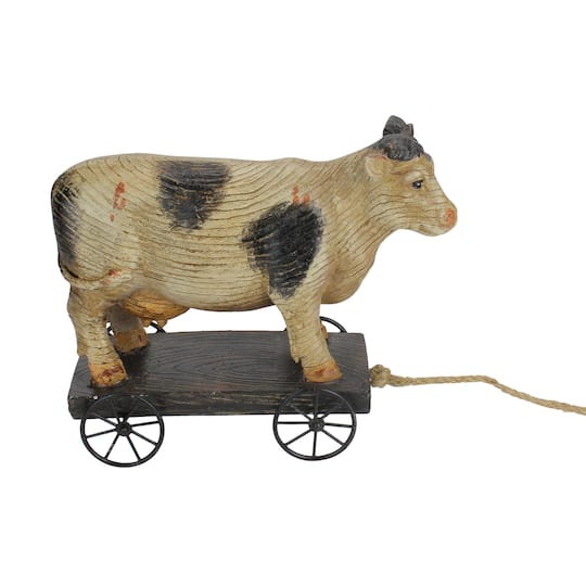 10.25&#x22; Black &#x26; White Textured Wood Cow on Cart Outdoor Garden Statue